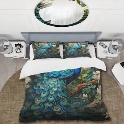 Design Art Teal Peacock Monochrome - Peacock Duvet Cover Set - Microfiber Polyester