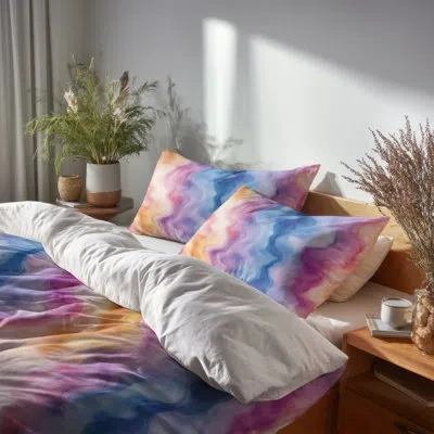 Design Art Teens Cosmic Bedding Set 4 Pcs - Abstract Pastel Cosmic Wave Twin Bed Comforter Set In Blue;purple