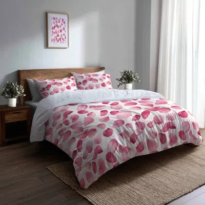 Design Art Teens Floral Bedding Set Of 4 - Delicate Blush Petal Scatter Bed Comforter Set In Red;white