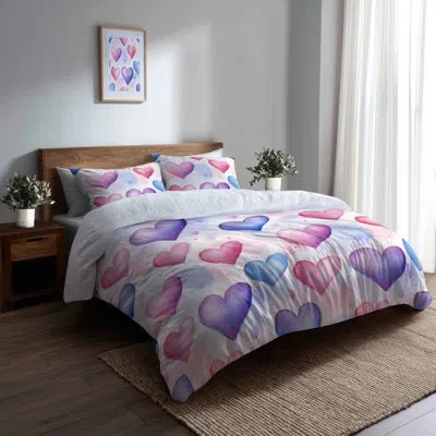Design Art Teens Love Bedding Set 3 Pcs - Ombre Soft Gradient Hearts Duvet Cover And Throw Cushion Set In Blue;red
