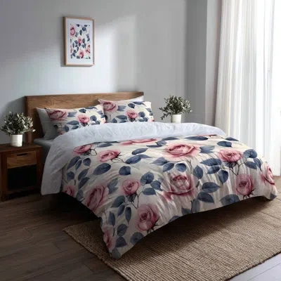 Design Art Teens Romantic Florals Bedding Set Of 3 - Garden Pastel Rose Garden Duvet Cover And Throw Pillow Set In Green;pink