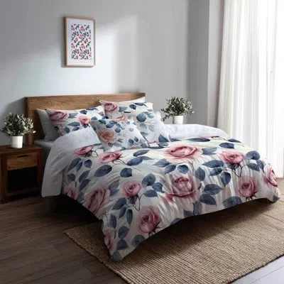 Design Art Teens Romantic Florals Bedding Set Of 5 - Garden Pastel Rose Garden Duvet Cover And Throw Pillow Set In Green;pink