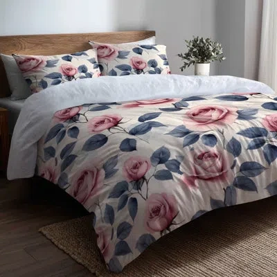 Design Art Teens Romantic Florals Bedding Set Of 6 - Garden Pastel Rose Garden With Shams And Throw Pillows In Green;pink