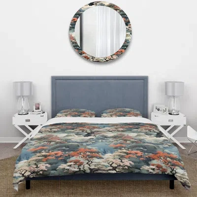 Design Art Temple Serenity - Japanese Duvet Cover Set - Microfiber Polyester In Blue;orange