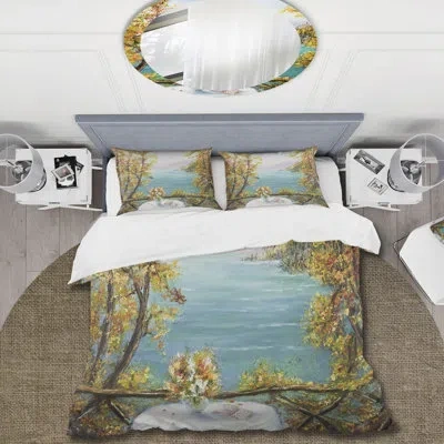 Design Art Terrace View By The Blue Ocean - Nautical & Coastal Duvet Cover Set - Microfiber Polyester In Blue,brown,white