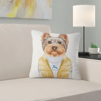Design Art Terrier In Down Vest And Sweater - Animal Printed Pillow In White;gold