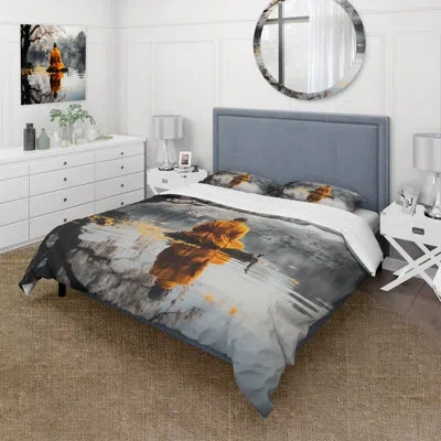 Design Art Thai Monk Silent Reflection - Thailand Duvet Cover Set - Microfiber Polyester In Black;gray;orange