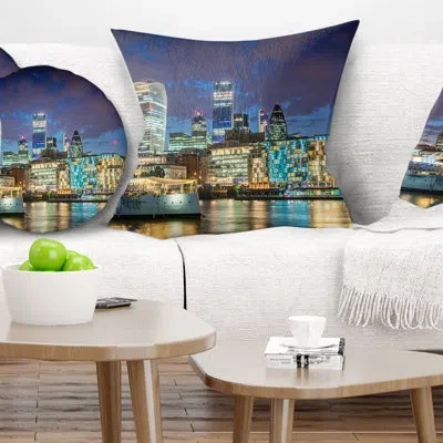 Design Art Thames River At Night - Cityscape Printed Pillow In Blue;yellow