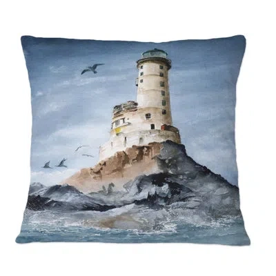 Design Art The Aniva Cape Lighthouse On The Rocky Island - Nautical & Coastal Printed Throw Pillow In Blue;white