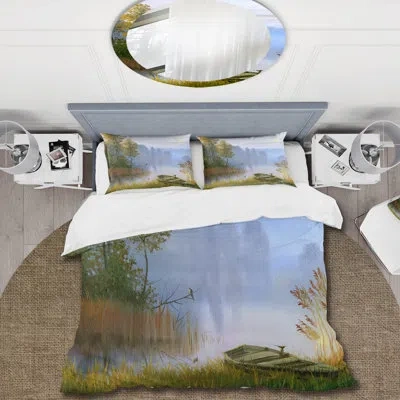 Design Art The Boat On The Bank Of The Lake - Traditional Duvet Cover Set - Microfiber Polyester In Blue