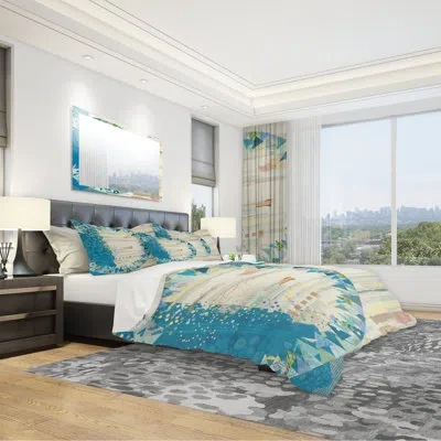 Design Art The Calm Indigo Stripes - Modern & Contemporary Duvet Cover Set - Microfiber Polyester In Beige