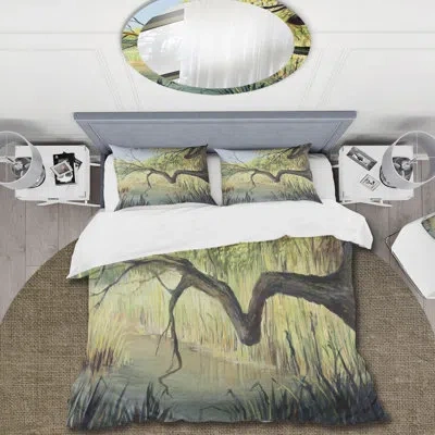 Design Art The Lake Of Silence - Lake House Duvet Cover Set - Microfiber Polyester In Green,brown,gray;green,brown,gray