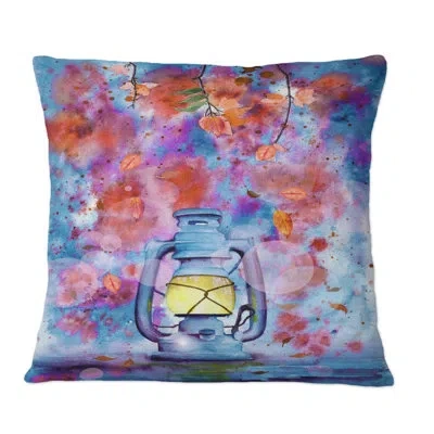 Design Art The Lit Lantern Under The Blooming Branches - Mission & Craftsman Printed Throw Pillow In Blue;red