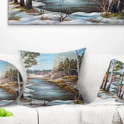 Design Art The Spring Siberian River - Landscape Printed Pillow In Blue;green