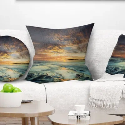 Design Art The Tanah Lot Temple In Bali Island - Sea & Shore Printed Throw Pillow In White