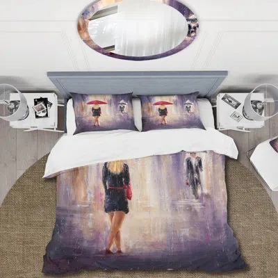 Design Art The Woman With The Umbrella Walking In The Rain Ii - French Duvet Cover Set - Microfiber Polyester In Purple,black,beige