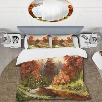 Design Art The Wood River On A Decline In An Orange Autum - Lake House Duvet Cover Set - Microfiber Polyester In Red,orange