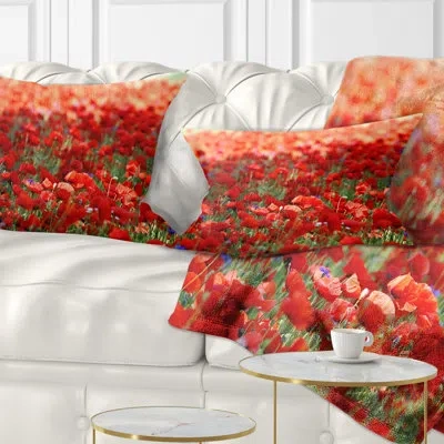 Design Art Thick Red Poppy Flower Field - Floral Printed Throw Pillow