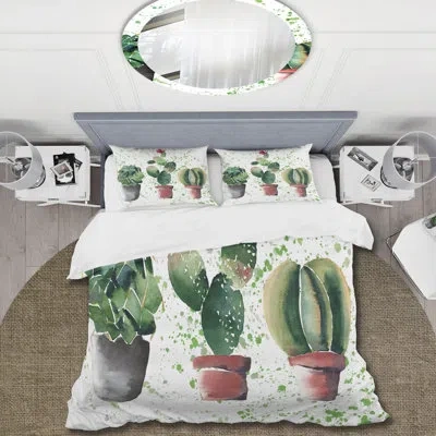 Design Art Three Cacti In Clay Pots - Traditional Duvet Cover Set - Microfiber Polyester In Green,brown,gray
