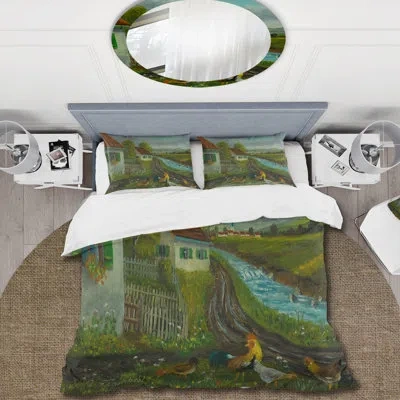 Design Art Three Chickens & A Cock In A Meadow With Flowers - Farmhouse Duvet Cover Set - Microfiber Polyester In Green
