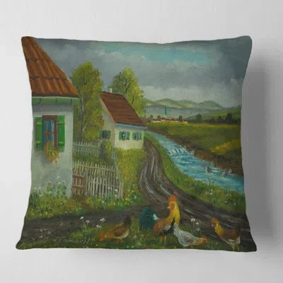 Design Art Three Chickens And A Cock In A Meadow With Flowers Square Pillow Cover & Insert In Green