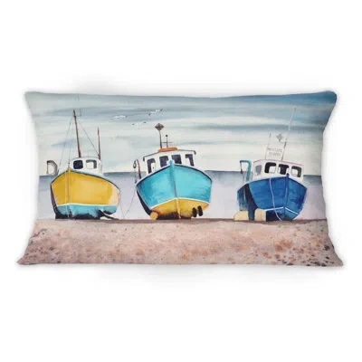 Design Art Three Colorful Fishing Boats On A Sandy Seashore - Nautical & Coastal Printed Throw Pillow 1
