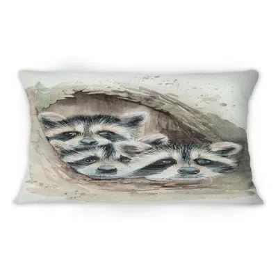 Design Art Three Cute Fluffy Raccoons Looking Out Of A Tree - Traditional Printed Throw Pillow 1