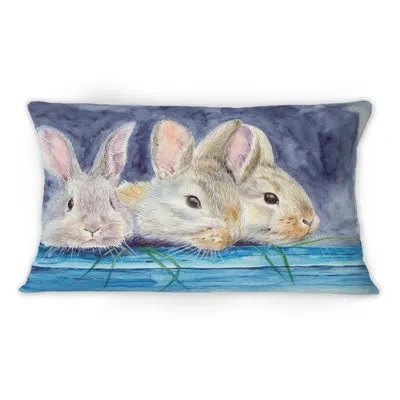 Design Art Three Fluffy Rabbits Behind A Blue Wooden Fence I - Traditional Printed Throw Pillow 1