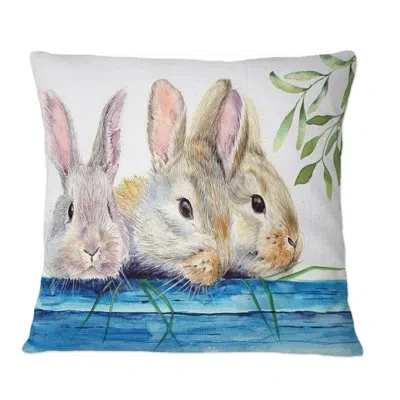 Design Art Three Fluffy Rabbits Behind A Blue Wooden Fence - Traditional Printed Throw Pillow In Blue;beige