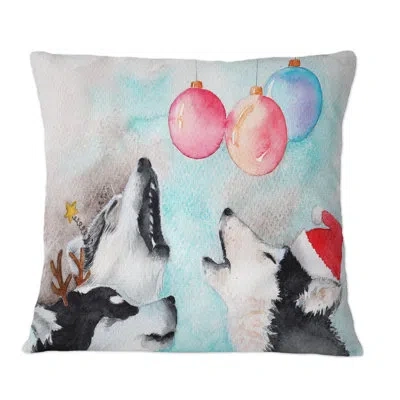 Design Art Three Funny Cute Husky Dogs In Christmas Hats - Traditional Printed Throw Pillow