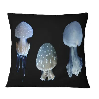 Design Art Three Jellyfish Species On Black - Nautical & Coastal Printed Throw Pillow In Blue;black