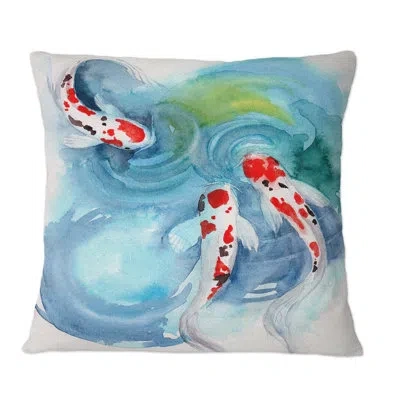 Design Art Three Koi Fish With Red Spots In Blue Water - Nautical & Coastal Printed Throw Pillow In Blue;red