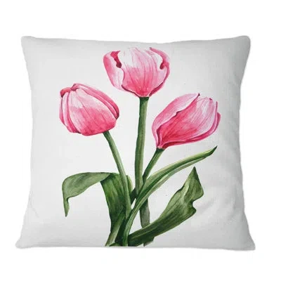 Design Art Three Red Spring Flowers Tulips - Traditional Printed Throw Pillow In Green;red