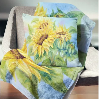 Design Art Three Sunflowers - Floral Printed Throw Pillow In Green;yellow