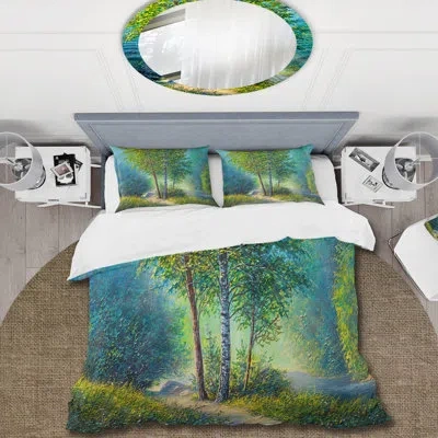 Design Art Three Vibrant Trees By The River - Lake House Duvet Cover Set - Microfiber Polyester In Green,blue