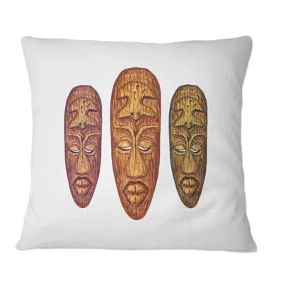 Design Art Three Wooden Tribal Masks - Vintage Printed Throw Pillow