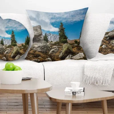 Design Art Tien Shan Mountains In Almaty - Landscape Printed Pillow In Blue;black;brown;green;red;yellow