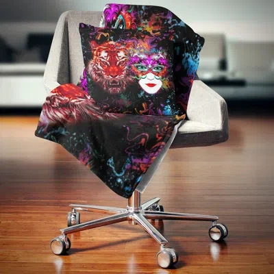 Design Art Tiger And Woman Colorful Faces - Abstract Printed Pillow In Red
