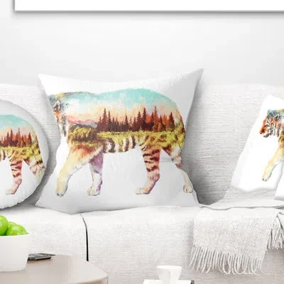 Design Art Tiger Double Exposure - Animal Printed Pillow In White