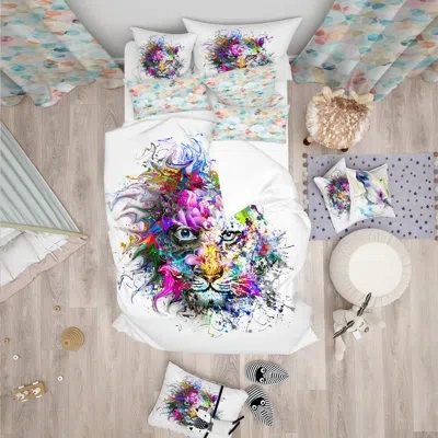 Design Art Tiger Face In Colorful Splashes - Abstract Duvet Cover Set - Microfiber Polyester In White