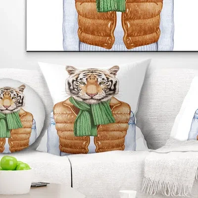 Design Art Tiger In Vest And Sweater - Animal Printed Pillow In Brown;white