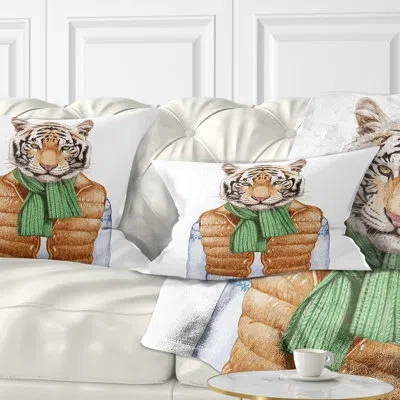 Design Art Tiger In Vest And Sweater - Animal Printed Throw Pillow In Brown;white