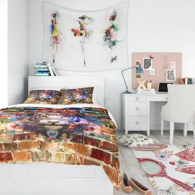 Design Art Tiger Over Abstract Brick Design - Abstract Duvet Cover Set - Microfiber Polyester In Brown