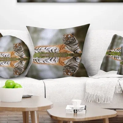 Design Art Tiger Reflecting In Water - Animal Printed Throw Pillow In Green;orange