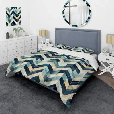 Design Art Tiles Blue And White Chevron Dreams I - Geometric Duvet Cover Set - Microfiber Polyester In Blue;gold