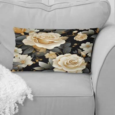 Design Art Timeless Beige Rose Elegant Bouquet - Floral Printed Pillow In Black;beige