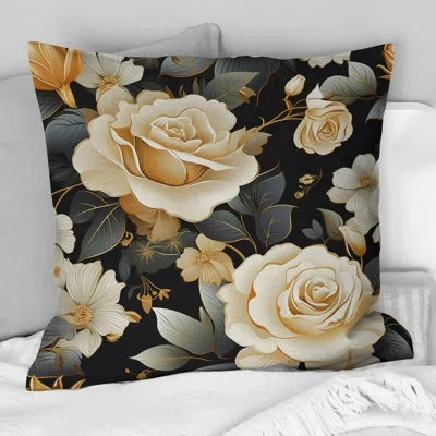 Design Art Timeless Beige Rose Elegant Bouquet - Floral Printed Throw Pillow In Black;beige