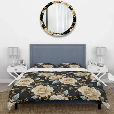 Design Art Timeless Beige Rose Elegant Bouquet I Duvet Cover Set In Black;beige
