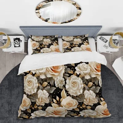 Design Art Timeless Beige Rose Elegant Bouquet Ii Duvet Cover Set In Black;beige