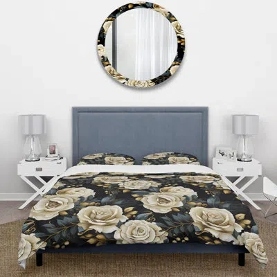 Design Art Timeless Beige Rose Elegant Bouquet Iii Duvet Cover Set In Black;beige